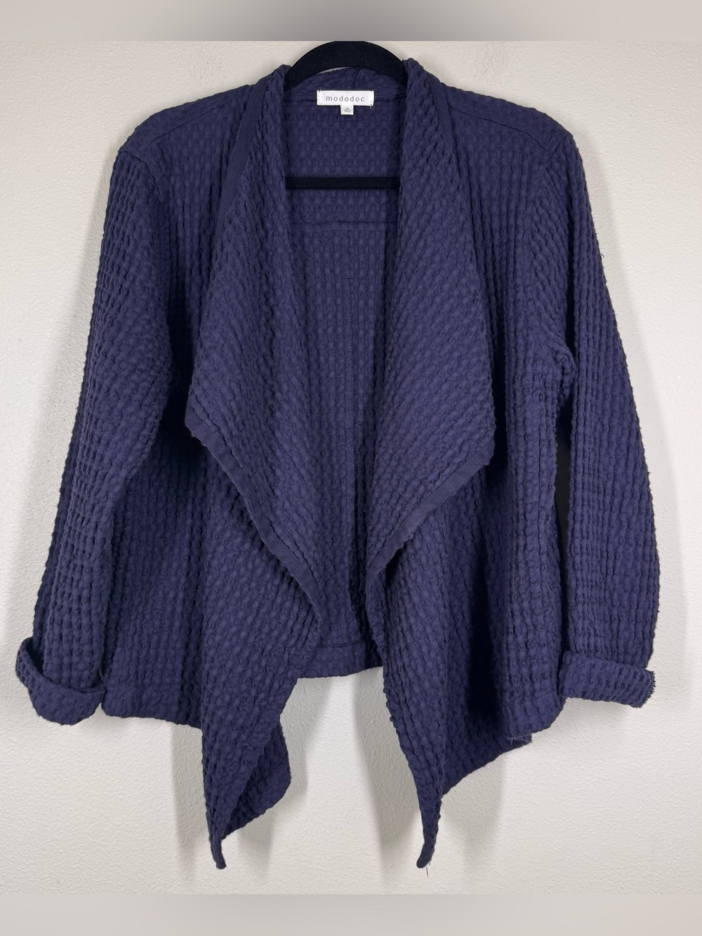 ModoDoc Waffle Knit Open Front Cardigan Jacket Navy Blue Cozy Minimalist Medium